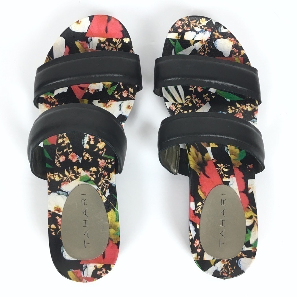 TAHARI Slide Sandals Leather Floral 2 Strap Playful Open Toe Slip On Shoe Size 6